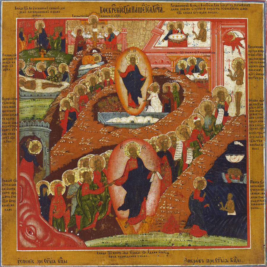 Detailed view: AZ08. Resurrection and Descent into Hell- exhibited at the Temple Gallery, specialists in Russian icons