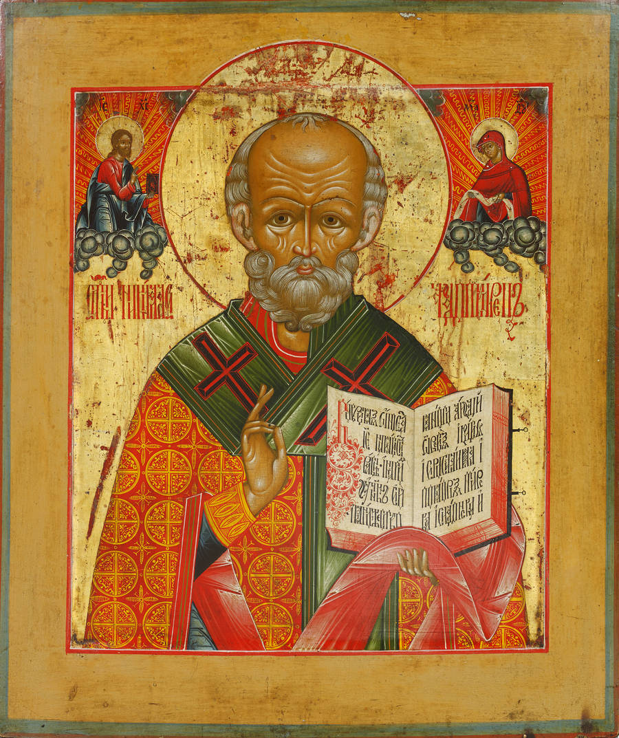 Detailed view: AZ06. Saint Nicholas the Wonderworker- exhibited at the Temple Gallery, specialists in Russian icons